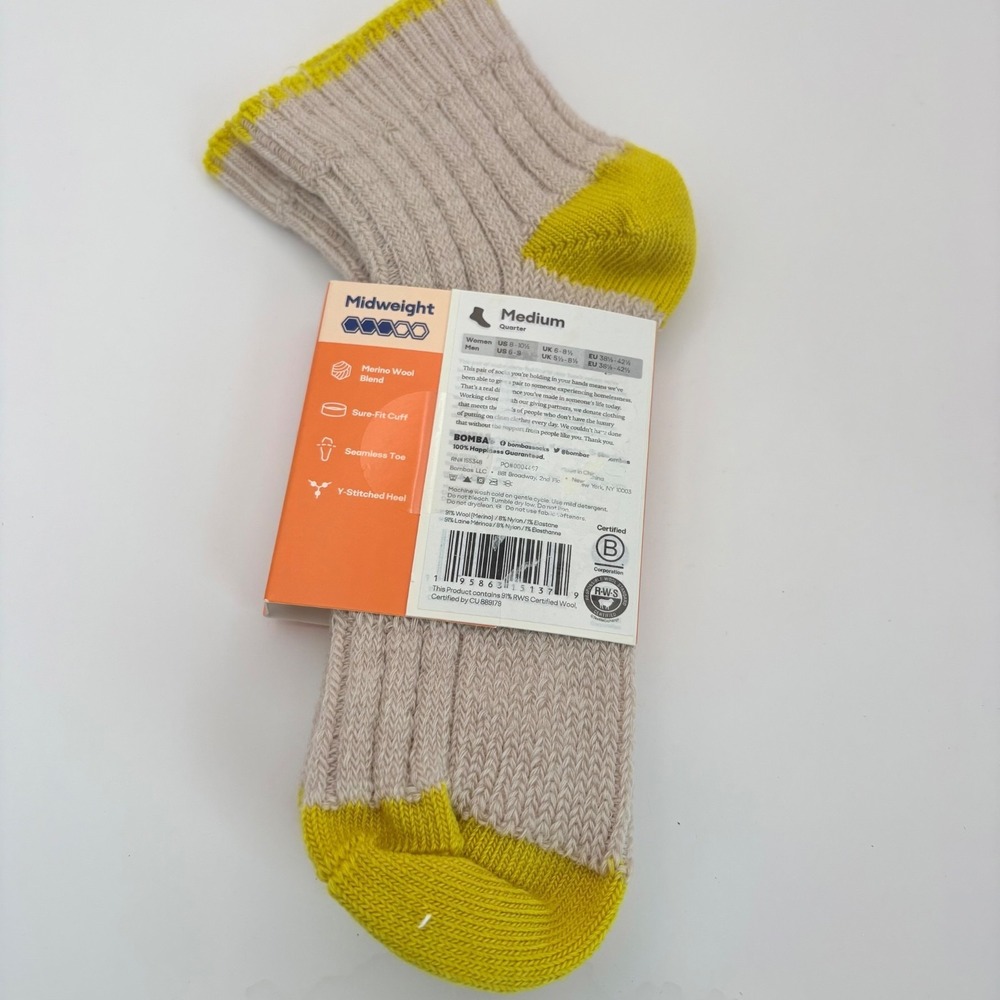 Bombas Medium Merino Wool Blend Quarter Socks Midweight Tan Yellow NEW - Picture 2 of 4